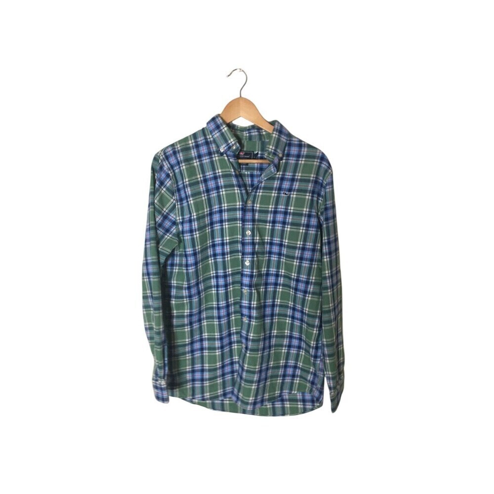 Vineyard Vines Shirt Men's Size XL Green Blue Plaid Performance Button Up